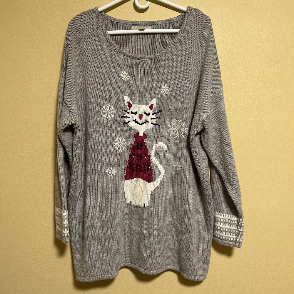 Woman Within Gray Knit Sweater Size Large 18-20 Calling All Cat Lovers Kitty
